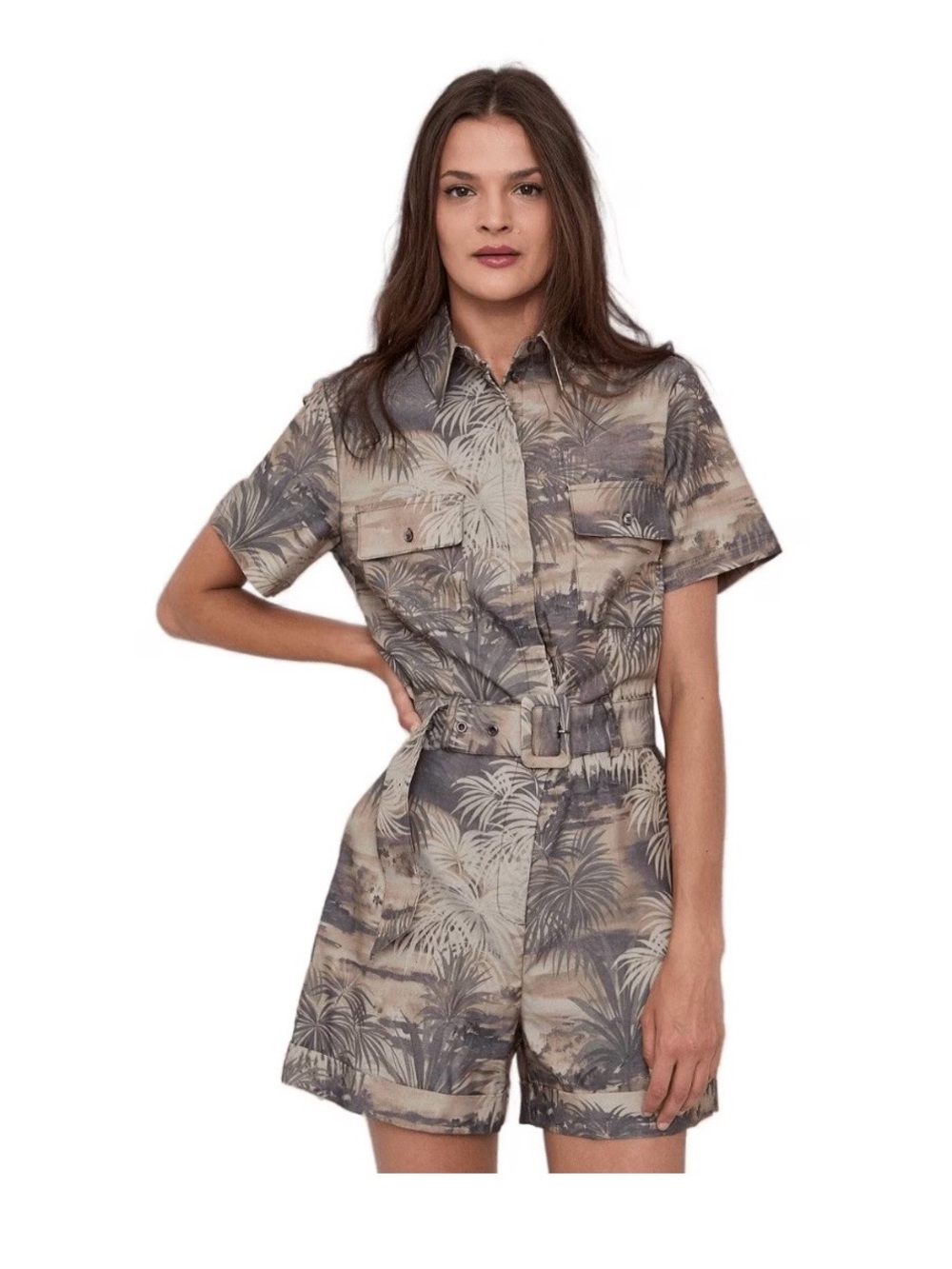 Guess Neutral Palm-Print Utility Shorts Romper in Beige and Gray